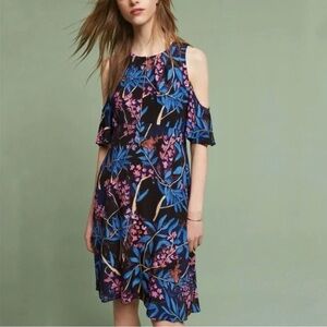 Anthropologie Maeve Elia Blue Floral Cold Shoulder Short Sleeve Midi Dress Sz 8